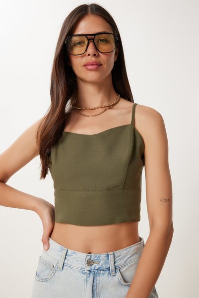 Women's Khaki Strap Crop Linen Blouse Mx00219