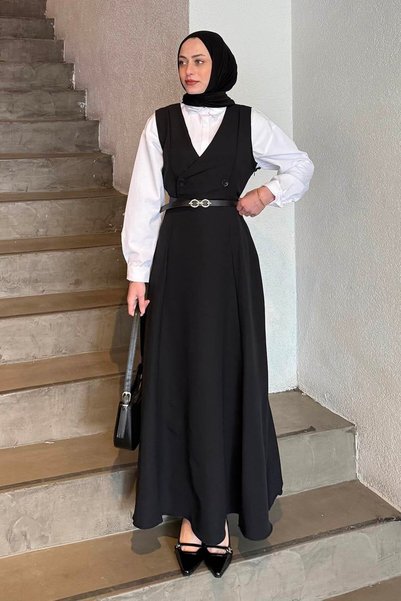 Button Detailed Sleeveless Hijab Dress Black