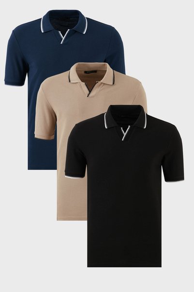 Cotton Regular Fit Striped Detail 3-Pack Polo Collar T-Shirt Men's POLO COLLAR T-SHIRT 59029