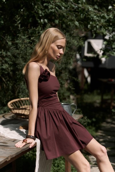 Lissa One Shoulder Rose Detail Burgundy Mini Dress