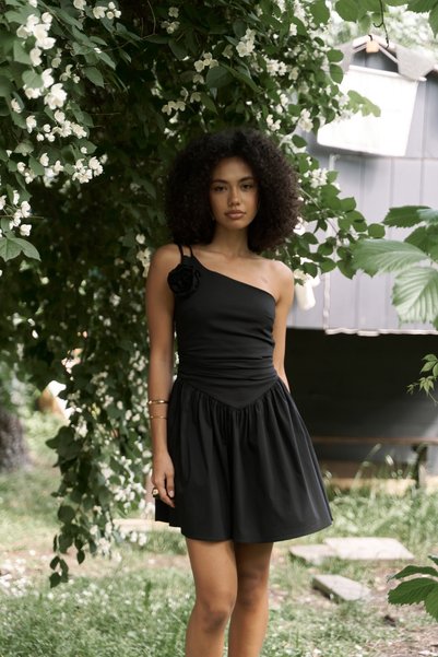 Lissa One Shoulder Rose Detail Black Mini Dress