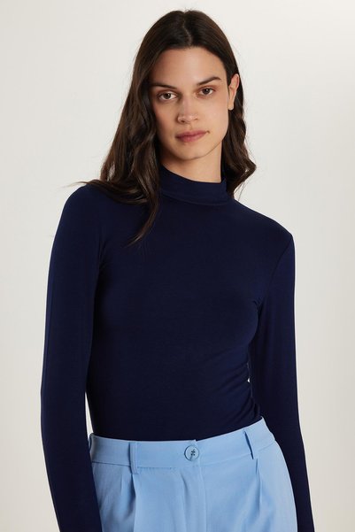 Women's Regular Fit Classic Cut Viscose Fabric Turtleneck Navy Blue Blouse