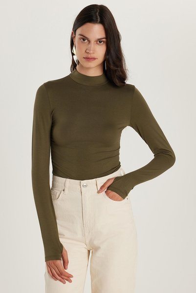 Women's Regular Fit Classic Cut Viscose Fabric Turtleneck Khaki Blouse