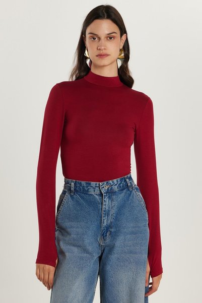 Women's Regular Fit Classic Cut Viscose Fabric Turtleneck Burgundy Blouse