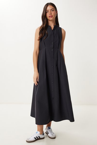 Sleeveless Midi Poplin Shirt Dress