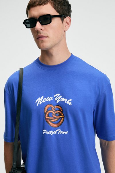 Crisp Men's Oversize 100% Cotton Printed Round Neck Cobalt Blue T-Shirt