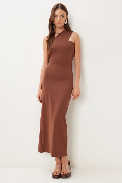 One Shoulder Saran Stretchy Woven Dress Brown Lfk0014