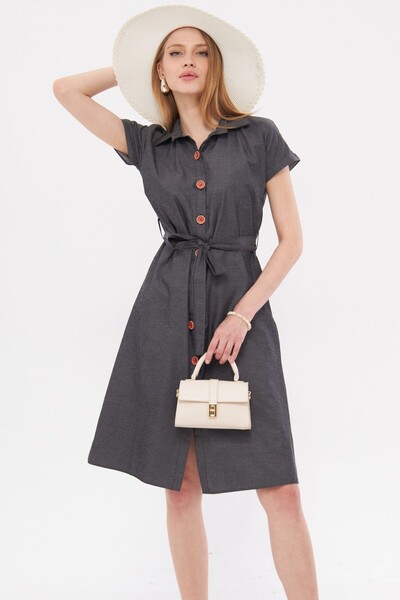 Women's Anthracite Belted Short Sleeve Shirt Dress ARM-19Y001068