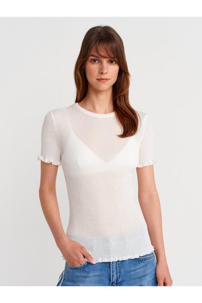 10783 Crew Neck Ruffled Slim Knitwear Blouse-Ecru