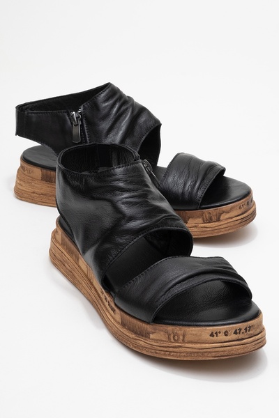 Lunas Black Genuine Leather Side Zipper Women's Sandals