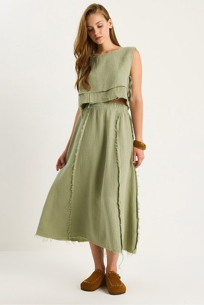 Women's Green Elastic Waist Skirt with Side Tie Detail Crop Muslin Top and Bottom Set 60283236