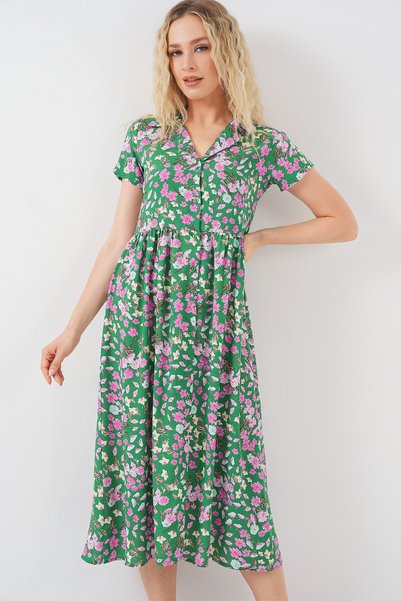 Women's Full-Length Button-Down Short-Sleeve Floral Dress 2561 - Green