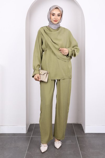 Khaki Shawl Detailed Tunic Trouser Suit