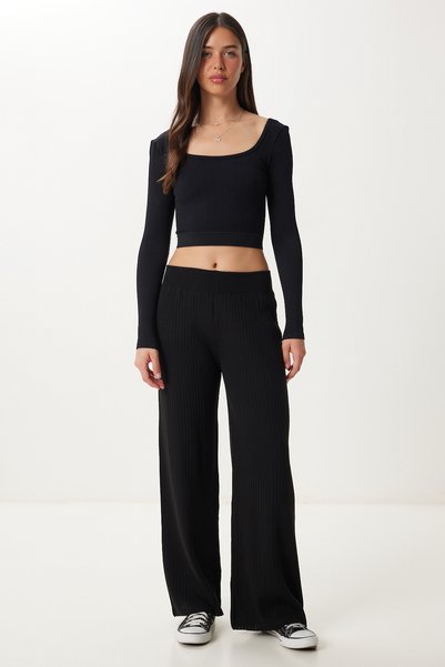 Women's Black Ribbed Knitwear Trousers Kİ00096