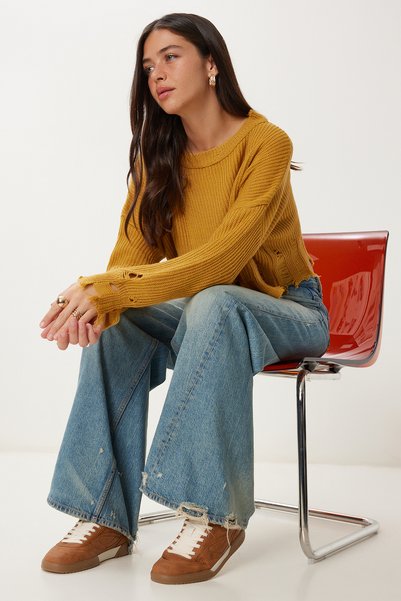 Women's Mustard Ripped Detailed Oversize Knitwear Sweater Ki00098