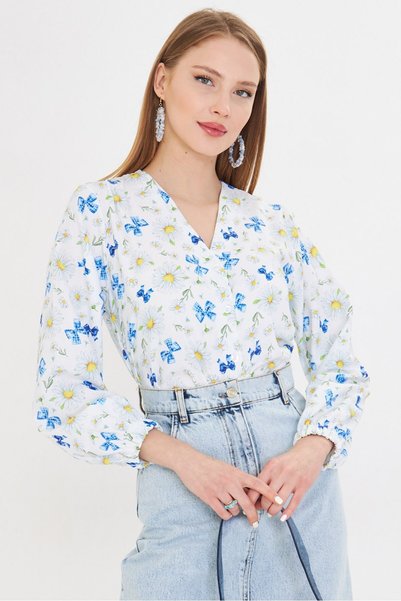 Women's White Patterned Shirt with Elastic Sleeves Arm-25Y 001014