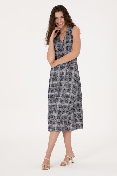 Women's Navy Blue Polo Neck Midi Length Woven Dress 50306638-Vr033