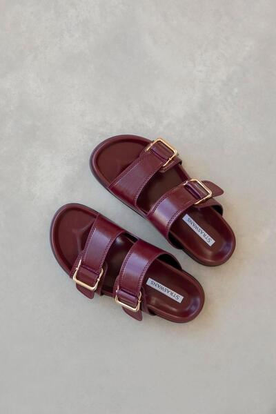 Axel Women's Buckle Detail Daily Comfort Leather Slippers Claret Red