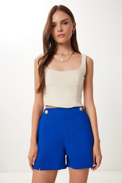 Women's Dark Blue Gold Buttoned Slit Mini Woven Shorts Rw00004