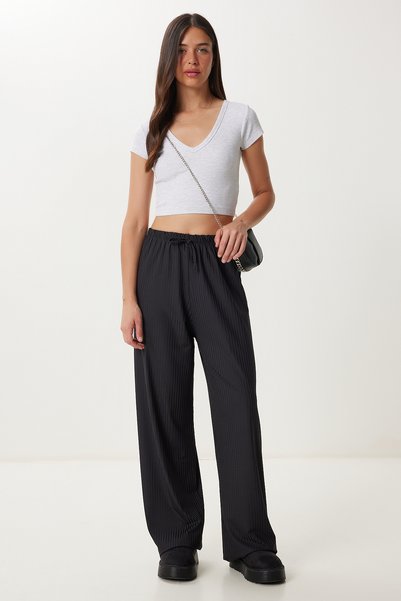 Women's Black Wide Leg Comfortable Knitted Trousers Pb00054