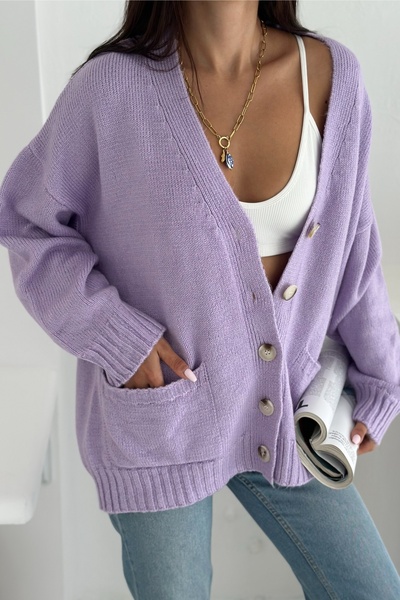 Women's Lilac Wide Fit Standard Size Double Pocket Button Detailed Off Shoulder Oversize Knitwear Cardigan