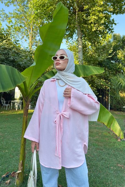 Women's Pink Tie Detail Flam Linen Kimono