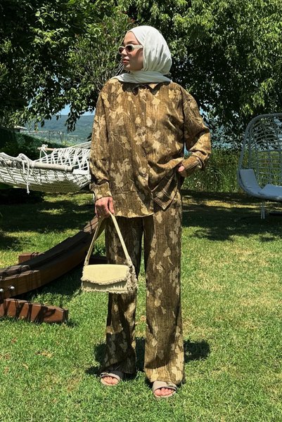 Women's Dark Mustard Leaf Effect Crinkle Shirt Pants Bottom Top Set