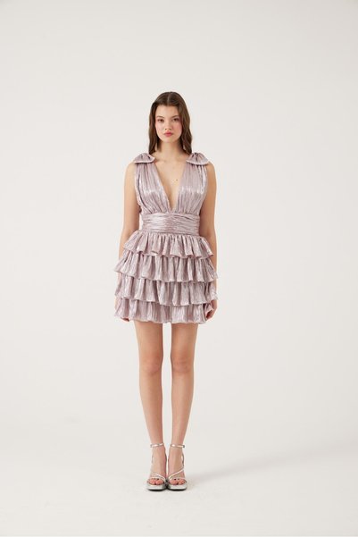 Shiny Fabric Ruffled Mini Paole Dress Pink