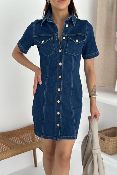 Women's Blue Buttoned Pocket Denim Dress