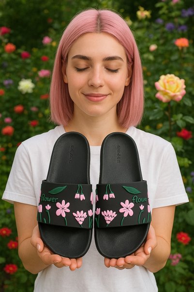 BLACK Flower Pool Slippers - Beach Floral Print Slippers
