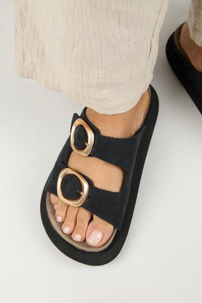 Narducci Women's Genuine Leather Double Buckle Black Slippers