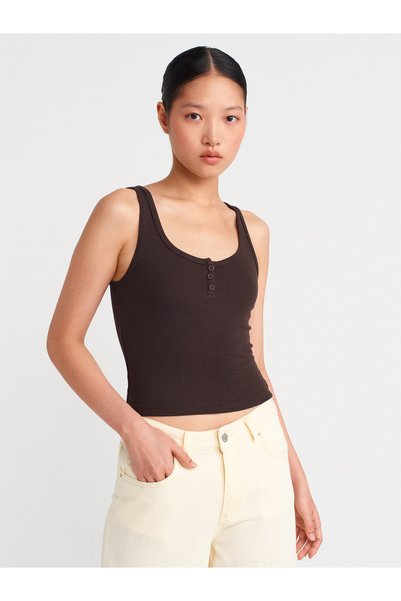 21158 Buttoned Strap Top-Dark Brown