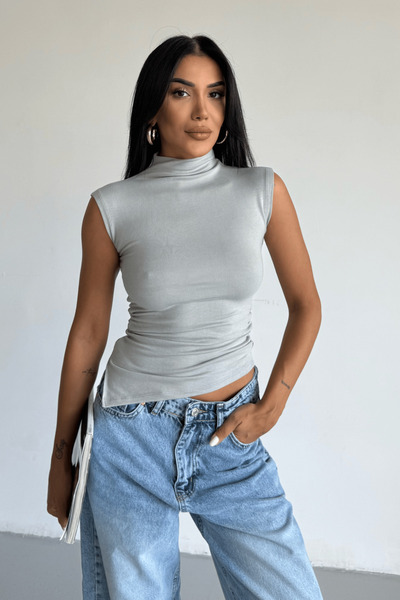 Women's Side Cut Detailed Draped Lycra Gray Sleeveless Blouse