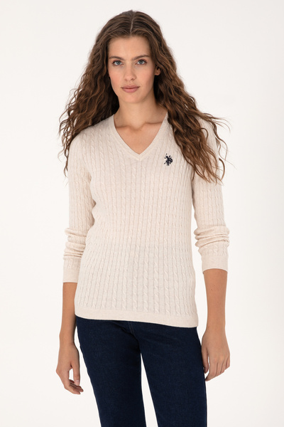 Women's Cream Melange V-Neck Basic Sweater 50313625-Vr159