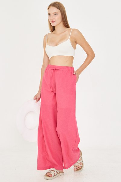 Women's Fuchsia Linen Look Elastic Waist Pocket Lacing Detailed Lined Loose Trousers Arm-25Y001078