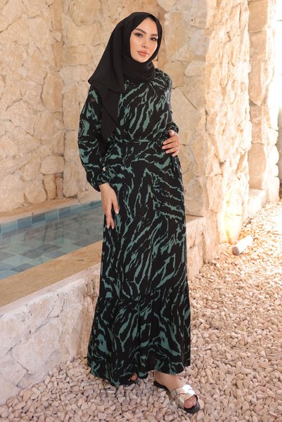 Emerald Green Patterned Skirt Tiered Viscon Dress