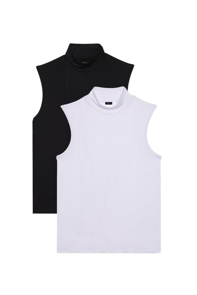 Women's 2-Pack Black-White Regular Fit Classic Cut Viscose Fabric Turtleneck Zero Sleeve Blouse