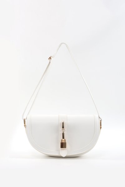 White Shk92 Lock Detailed Faux Leather Single Compartment Snap Fastener Hand, Arm and Shoulder Bag