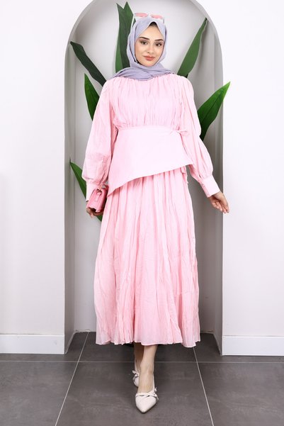 Powder Pink Sash Detailed Kraş Dress