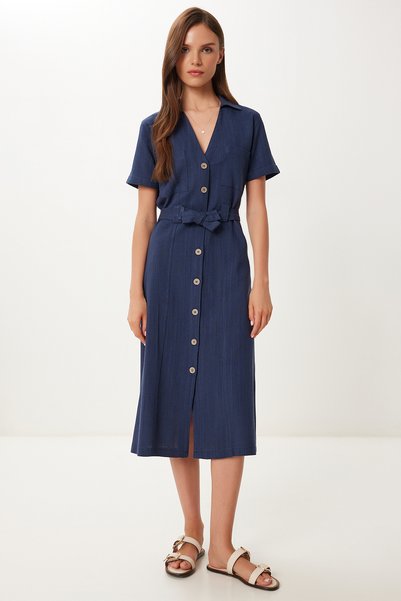 Belted Midi Linen Shirt Dress
