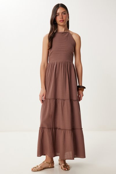 Halter Neckline Flounced Summer Linen Dress Lgp0015 Brown