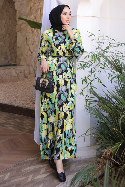 Green Yellow Patterned Skirt Layered Viscon Dress