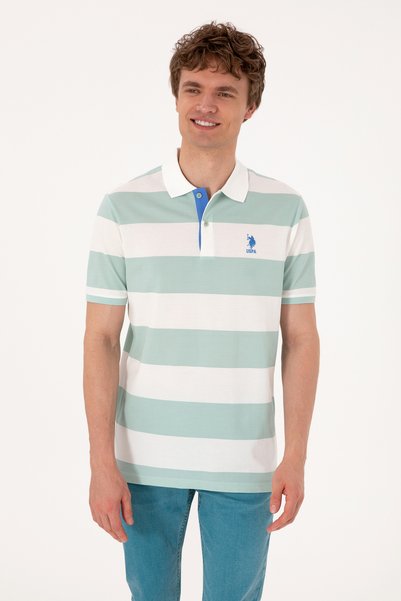 Men's Regular Fit Water Green Polo Neck Striped T-Shirt 50306827-Vr048