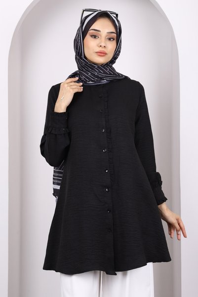 Black Buttoned Ruffle Detailed Tunic