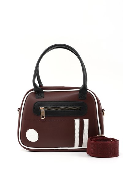 Burgundy/Black/White Shk225 Faux Leather, Two Compartments with Zipper, Column Strap Bowling Hand and Shoulder Bag