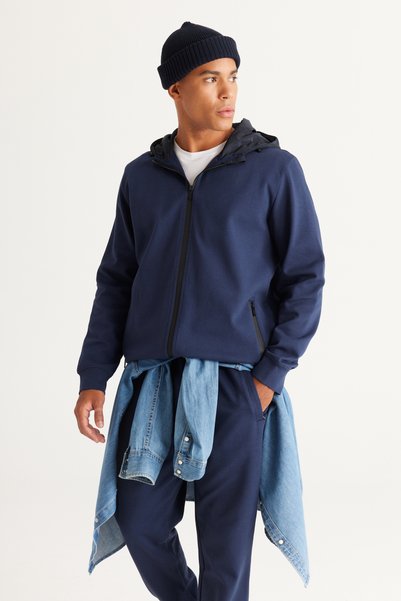 Men's Navy Blue Standard Fit Regular Cut Hooded Zipper Sweatshirt