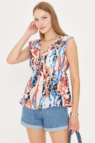 Women's Orange V-Neck Collar Ruffled Waist Elasticated Blouse Arm-25Y001076