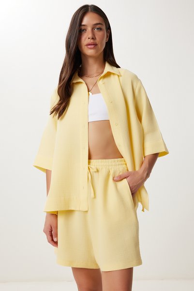 Muslin Shirt Shorts Set Ldp0064 Yellow