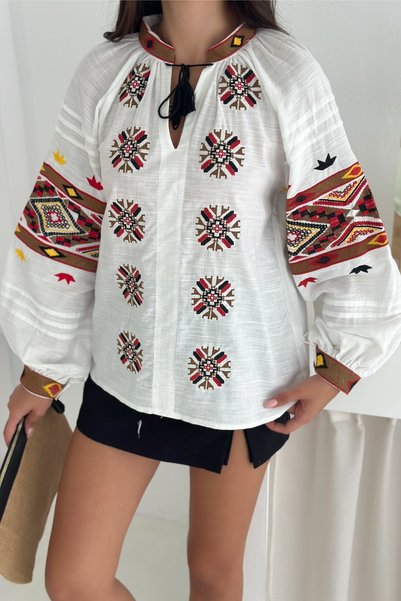 Women's White Ethnic Pattern Lace-Up Collar Bohemian Style Long Sleeve Embroidery Embroidered Cotton Blouse