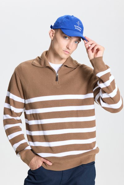 Men's Mink-Ecru Wool Standard Fit Regular Cut Standing Bato Collar Knitwear Sweater